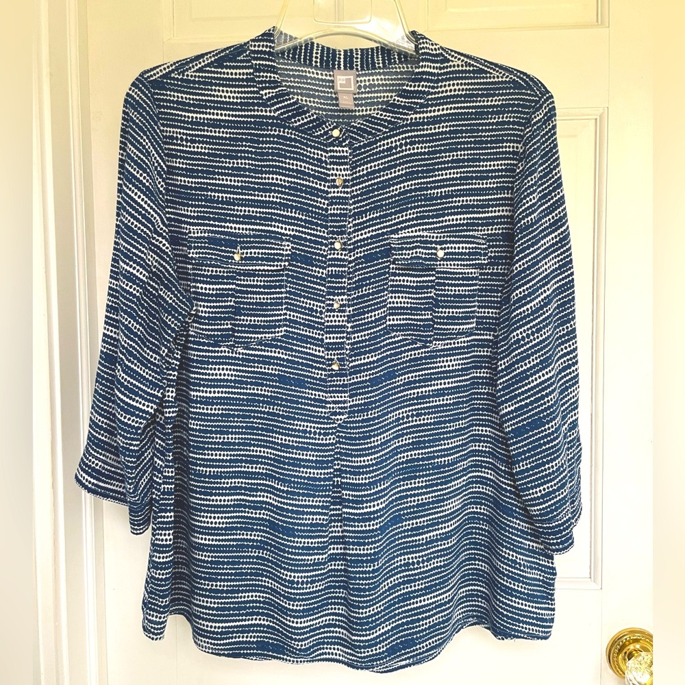 Blue and White 3/4 Sleeve Button Down Top with Mandarin Collar